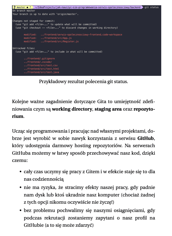 Strona e-booka z przykładowym wynikiem polecenia git status