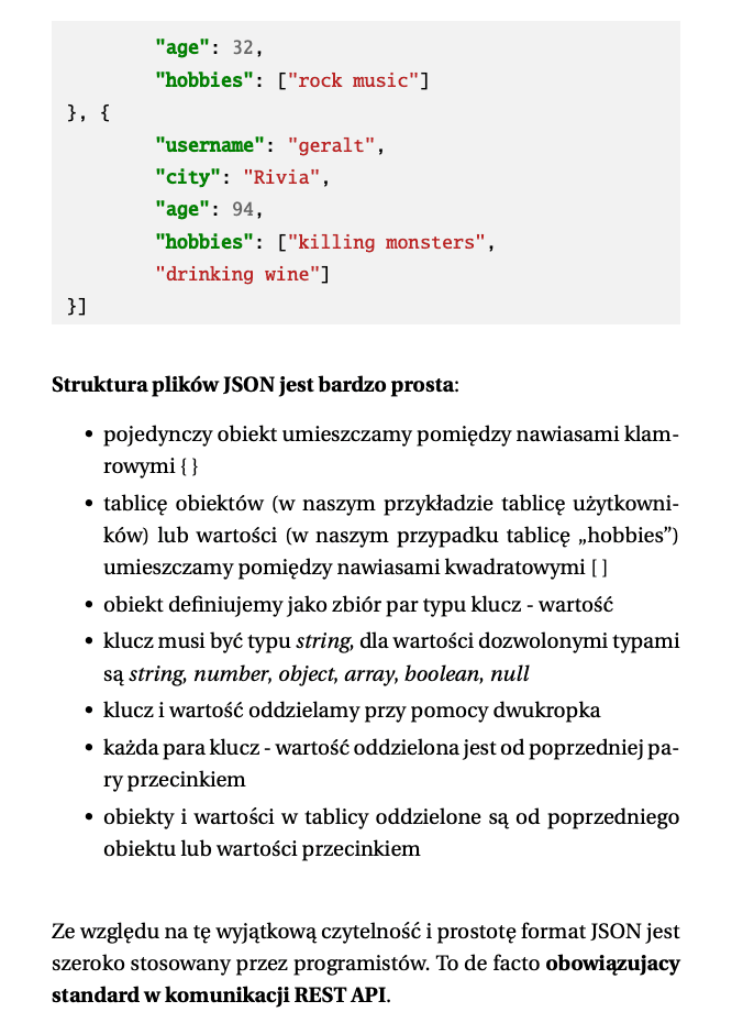 Strona e-booka o strukturze plików JSON