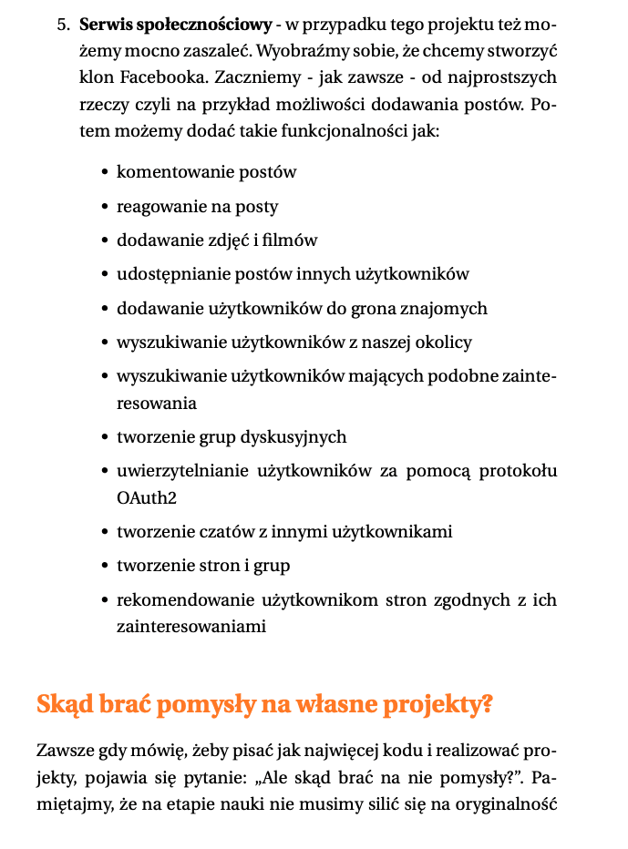 Strona e-booka z pomysłem na projekt serwisu społecznościowego